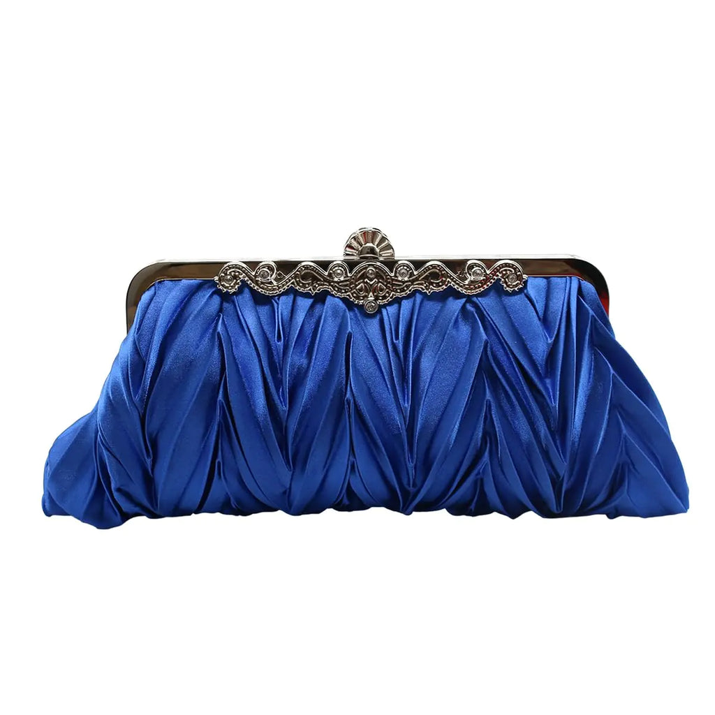 Tngan Women Pleated Satin Clutch Bride Purse Elegant Rhinestone Evening Bag Banquet Party Handbag Royal Blue