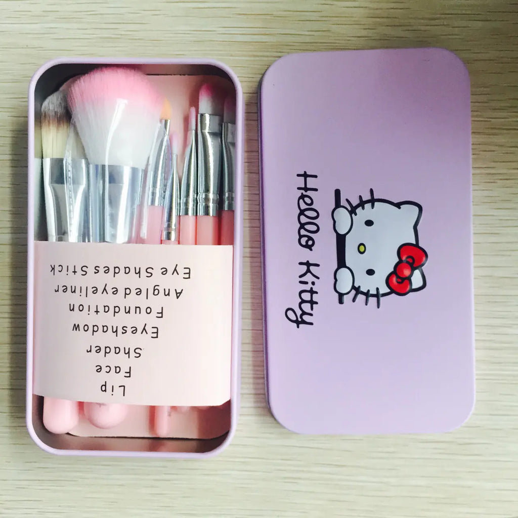 Hello Kitty Cartoon Makeup Brush Set - 7 Pieces in Tin Box