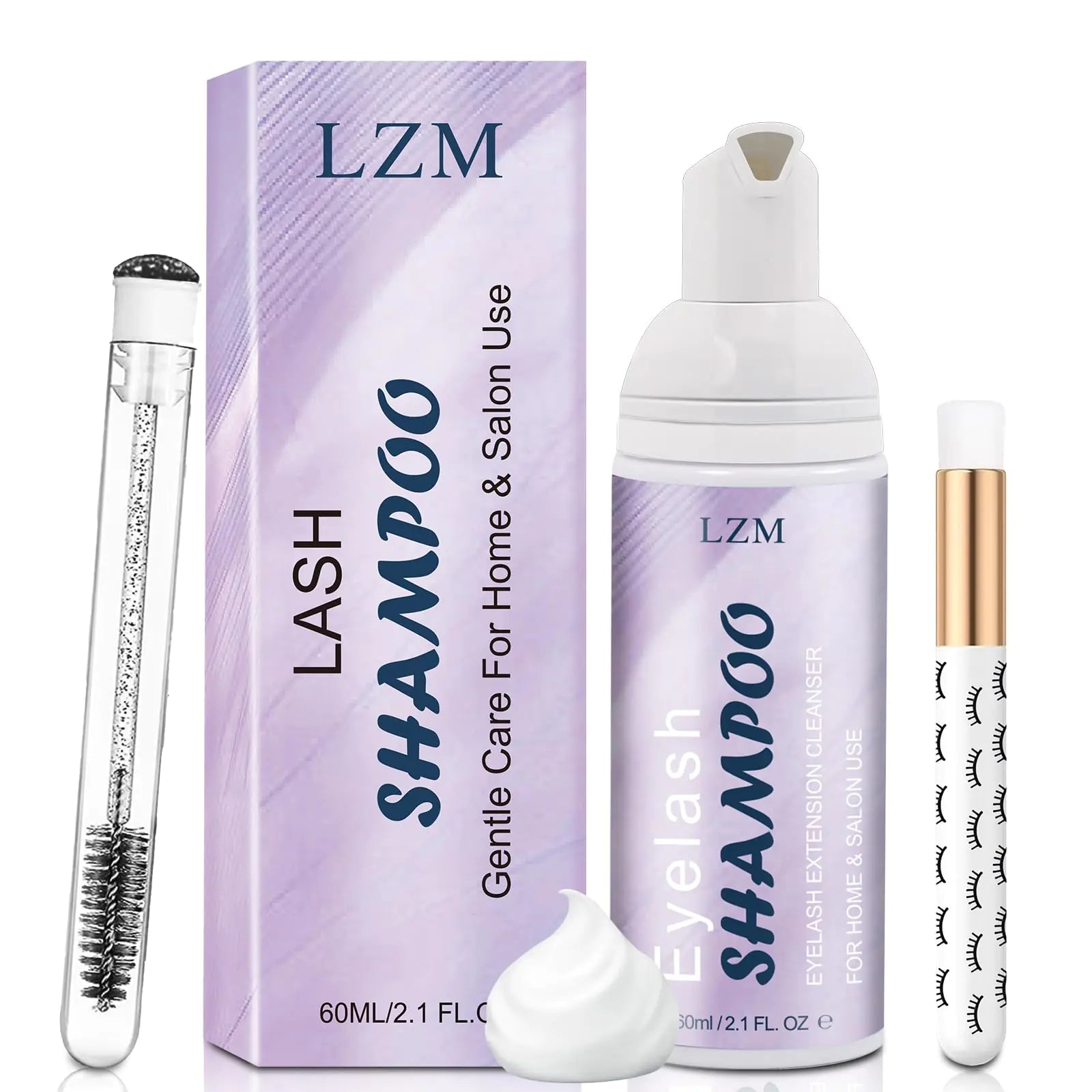 LZM Lash Shampoo Lash Cleaner - Lash Wash Cleaning kit for Cluster Lash/Eyelash Extensions Lash Bath Lash Cleanser Foam Lash Soap Lash Care Oil Free 60ml(3-IN-1 SHAMPOO KIT)